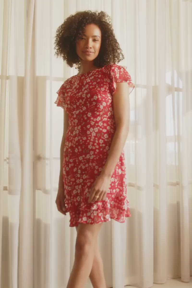 Red | Ditsy Floral Frilled Sleeve Dress