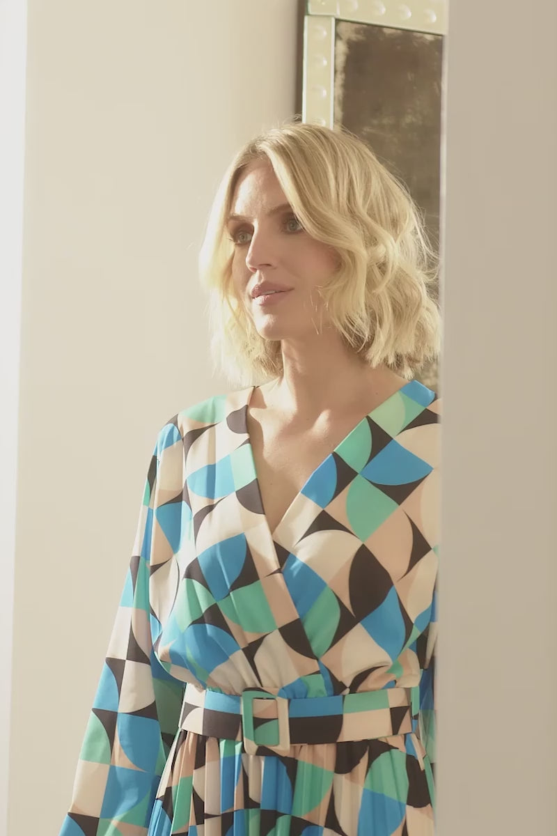Blue | Geo Print Wrap Front Midi Dress