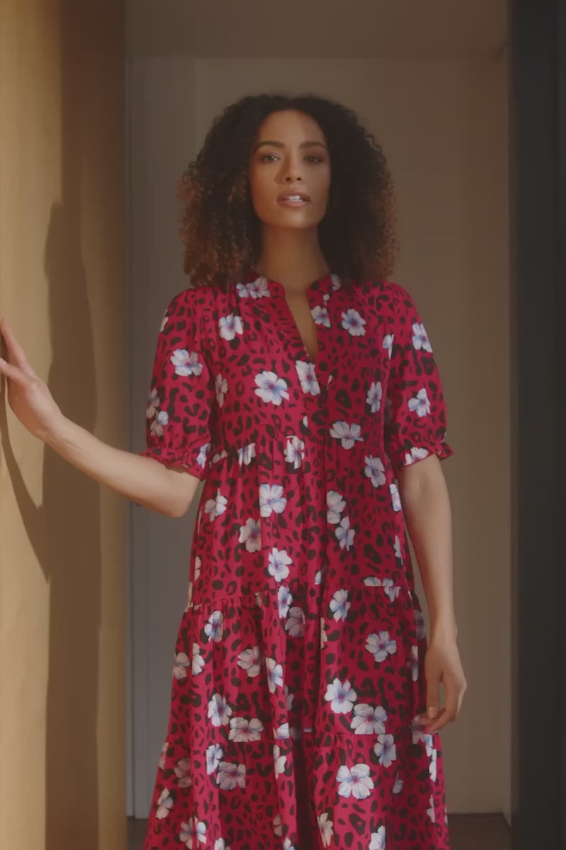 Red | Floral Leopard Print Midi Dress